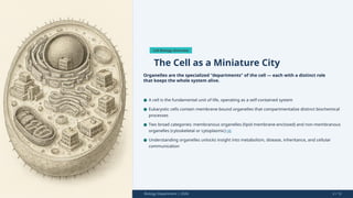 Cell Biology Overview
The Cell as a Miniature City
Organelles are the specialized "departments" of the cell — each with a distinct role
that keeps the whole system alive.
Biology Department | 2026 2 / 12
● A cell is the fundamental unit of life, operating as a self-contained system
● Eukaryotic cells contain membrane-bound organelles that compartmentalize distinct biochemical
processes
● Two broad categories: membranous organelles (lipid membrane-enclosed) and non-membranous
organelles (cytoskeletal or cytoplasmic) [4]
● Understanding organelles unlocks insight into metabolism, disease, inheritance, and cellular
communication
 