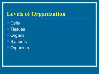 Levels of Organization Cells Tissues Organs Systems Organism 