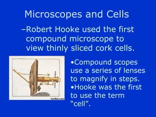 Microscopes and Cells
CRobert Hooke used the first
 compound microscope to
 view thinly sliced cork cells.
             ?Compound scopes
             use a series of lenses
             to magnify in steps.
             ?Hooke was the first
             to use the term
             cell.
 