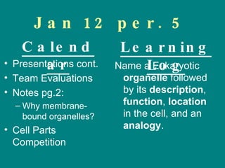 Jan 12 per. 5 Presentations cont.  Team Evaluations Notes pg.2:  Why membrane-bound organelles? Cell Parts Competition Name a Eukaryotic  organelle  followed by its  description ,  function ,  location  in the cell, and an  analogy . Calendar Learning Log 