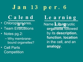 Jan 13 per. 6 Chloroplast pres. Team Evaluations Notes pg.2:  Why membrane-bound organelles? Cell Parts Competition Name a Eukaryotic  organelle  followed by its  description ,  function ,  location  in the cell, and an  analogy . Calendar Learning Log 
