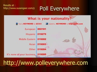 Poll Everywhere http://www.polleverywhere.com Results at : http://www.susangaer.com/polleverywhere 