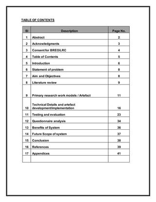 TABLE OF CONTENTS
Sl Description Page No.
1 Abstract 2
2 Acknowledgments 3
3 Consent for BREO/LRC 4
4 Table of Contents 5
5 Introduction 6
6 Statement of problem 8
7 Aim and Objectives 8
8 Literature review 9
9 Primary research work models / Artefact 11
10
Technical Details and artefact
development/implementation 16
11 Testing and evaluation 23
12 Questionnaire analysis 34
13 Benefits of System 36
14 Future Scope of system 37
15 Conclusion 38
16 References 39
17 Appendices 41
 