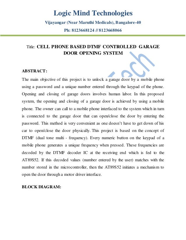 Cell Phone Based Dtmf Controlled Garage Door Opening System