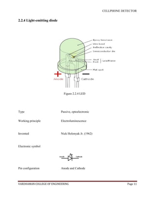 CELLPHONE DETECTOR


2.2.4 Light-emitting diode




                               Figure 2.2.4 LED




Type                         Passive, optoelectronic


Working principle            Electroluminescence



Invented                     Nick Holonyak Jr. (1962)



Electronic symbol




Pin configuration            Anode and Cathode




VARDHAMAN COLLEGE OF ENGINEERING                                     Page 11
 