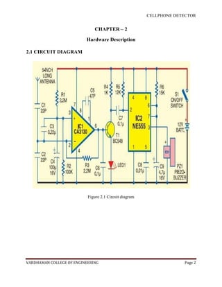CELLPHONE DETECTOR


                              CHAPTER – 2

                          Hardware Description

2.1 CIRCUIT DIAGRAM




                           Figure 2.1 Circuit diagram




VARDHAMAN COLLEGE OF ENGINEERING                                     Page 2
 
