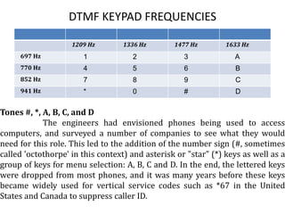 DTMF KEYPAD FREQUENCIESTones #, *, A, B, C, and DThe engineers had envisioned phones being used to access computers, and surveyed a number of companies to see what they would need for this role. This led to the addition of the number sign (#, sometimes called 'octothorpe' in this context) and asterisk or "star" (*) keys as well as a group of keys for menu selection: A, B, C and D. In the end, the lettered keys were dropped from most phones, and it was many years before these keys became widely used for vertical service codes such as *67 in the United States and Canada to suppress caller ID.