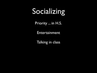 Socializing
Priority ... in H.S.

 Entertainment

 Talking in class
 