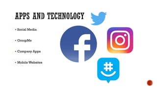 § Social Media
§ GroupMe
§ Company Apps
§ Mobile Websites
 