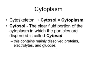 Cytoplasm Cytoskeleton  +  Cytosol  =  Cytoplasm Cytosol  - The clear fluid portion of the cytoplasm in which the particles are dispersed is called  Cytosol this contains mainly dissolved proteins, electrolytes, and glucose. 