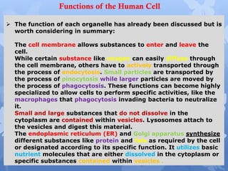  The function of each organelle has already been discussed but is
worth considering in summary:
The cell membrane allows substances to enter and leave the
cell.
While certain substance like oxygen can easily diffuse through
the cell membrane, others have to actively transported through
the process of endocytosis. Small particles are transported by
the process of pinocytosis while larger particles are moved by
the process of phagocytosis. These functions can become highly
specialized to allow cells to perform specific activities, like the
macrophages that phagocytosis invading bacteria to neutralize
it.
Small and large substances that do not dissolve in the
cytoplasm are contained within vesicles. Lysosomes attach to
the vesicles and digest this material.
The endoplasmic reticulum (ER) and Golgi apparatus synthesize
different substances like protein and fats as required by the cell
or designated according to its specific function. It utilizes basic
nutrient molecules that are either dissolved in the cytoplasm or
specific substances contained within vesicles .
Functions of the Human Cell
 