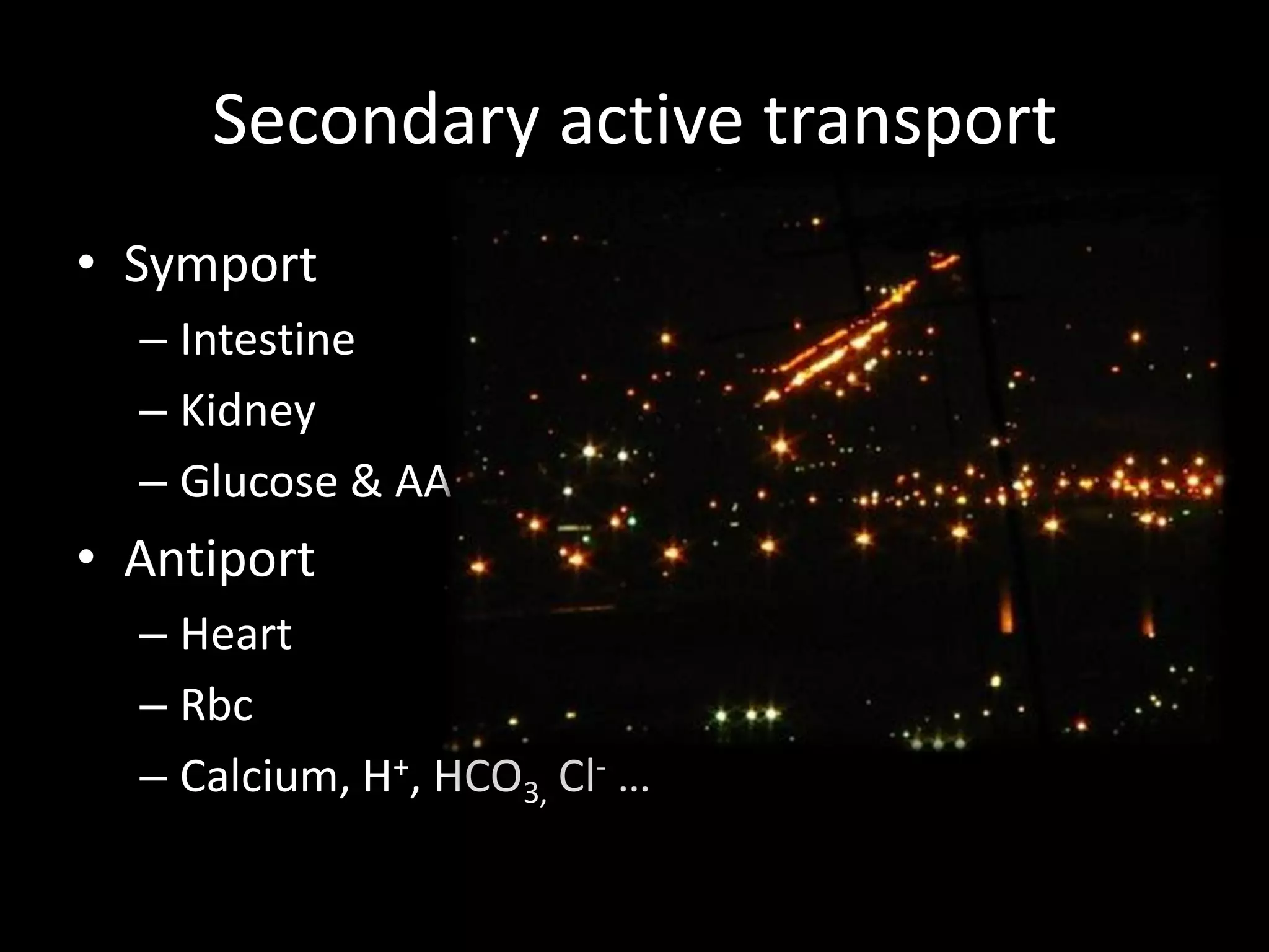Secondary active transport
• Symport
  – Intestine
  – Kidney
  – Glucose & AA
• Antiport
  – Heart
  – Rbc
  – Calcium, H+, HCO3, Cl- …
 