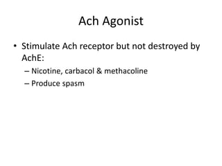 Ach Agonist
• Stimulate Ach receptor but not destroyed by
AchE:
– Nicotine, carbacol & methacoline
– Produce spasm
 