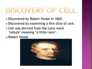  Discovered by Robert Hooke in 1665.
 Discovered by examining a thin slice of cork.
 Cell was derived from the Latin word
‘cellula’ meaning ‘a little room’.
 Robert Hooke
 
