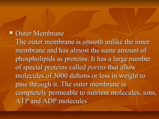  Outer MembraneOuter Membrane
The outer membrane is smooth unlike the innerThe outer membrane is smooth unlike the inner
membrane and has almost the same amount ofmembrane and has almost the same amount of
phospholipids as proteins. It has a large numberphospholipids as proteins. It has a large number
of special proteins calledof special proteins called porinsporins that allowthat allow
molecules of 5000 daltons or less in weight tomolecules of 5000 daltons or less in weight to
pass through it. The outer membrane ispass through it. The outer membrane is
completely permeable to nutrient molecules, ions,completely permeable to nutrient molecules, ions,
ATP and ADP moleculesATP and ADP molecules
 