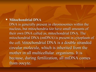  Mitochondrial DNAMitochondrial DNA
DNA is generally present in chromosomes within theDNA is generally present in chromosomes within the
nucleus, but mitochondria too have small amounts ofnucleus, but mitochondria too have small amounts of
their own DNA called as, mitochondrial DNA. Thetheir own DNA called as, mitochondrial DNA. The
mitochondrial DNA (mtDNA) is present in cytoplasm ofmitochondrial DNA (mtDNA) is present in cytoplasm of
the cell. Mthe cell. Mitochondrial DNA is a double strandeditochondrial DNA is a double stranded
circular molecule, which is inherited from thecircular molecule, which is inherited from the
mother in all multicellular organisms. It ismother in all multicellular organisms. It is
because, during fertilization, all mtDNA comesbecause, during fertilization, all mtDNA comes
from oocyte.from oocyte.
 