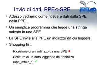 Invio di dati, PPE<-SPE

Adesso vedremo come ricevere dati dalla SPE
nella PPE...

Un semplice programma che legge una stringa
salvata in una SPE

La SPE invia alla PPE un indirizzo da cui leggere

Shopping list:
− Ricezione di un indirizzo da una SPE 
− Scrittura di un dato leggendo dall'indirizzo
(spe_mfcio_*) 
 