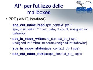 API per l'utilizzo delle
mailboxes

PPE (MMIO Interface)
− spe_out_mbox_read(spe_context_ptr_t
spe,unsigned int *mbox_data,int count, unsigned int
behavior)
− spe_in_mbox_write(spe_context_ptr_t spe,
unsigned int *mbox,int count,unsigned int behavior)
− spe_in_mbox_status(spe_context_ptr_t spe)
− spe_out_mbox_status(spe_context_ptr_t spe)
 