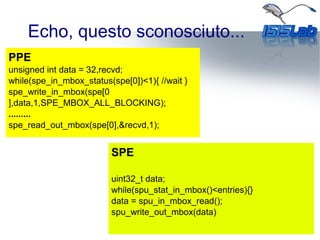 Echo, questo sconosciuto...
SPE
uint32_t data;
while(spu_stat_in_mbox()<entries){}
data = spu_in_mbox_read();
spu_write_out_mbox(data)
PPE
unsigned int data = 32,recvd;
while(spe_in_mbox_status(spe[0])<1){ //wait }
spe_write_in_mbox(spe[0
],data,1,SPE_MBOX_ALL_BLOCKING);
.........
spe_read_out_mbox(spe[0],&recvd,1);
 