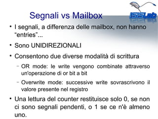 Segnali vs Mailbox

I segnali, a differenza delle mailbox, non hanno
“entries”...

Sono UNIDIREZIONALI

Consentono due diverse modalità di scrittura
− OR mode: le write vengono combinate attraverso
un'operazione di or bit a bit
− Overwrite mode: successive write sovrascrivono il
valore presente nel registro

Una lettura del counter restituisce solo 0, se non
ci sono segnali pendenti, o 1 se ce n'è almeno
uno.
 