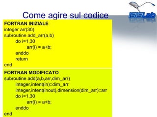 Come agire sul codice
FORTRAN INIZIALE
integer arr(30)
subroutine add_arr(a,b)
do i=1,30
arr(i) = a+b;
enddo
return
end
FORTRAN MODIFICATO
subroutine add(a,b,arr,dim_arr)
integer,intent(in)::dim_arr
integer,intent(inout),dimension(dim_arr)::arr
do i=1,30
arr(i) = a+b;
enddo
end
 