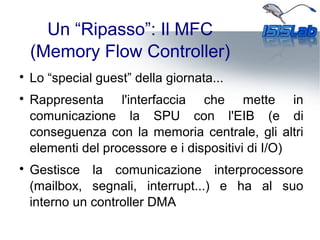 Un “Ripasso”: Il MFC
(Memory Flow Controller)

Lo “special guest” della giornata...

Rappresenta l'interfaccia che mette in
comunicazione la SPU con l'EIB (e di
conseguenza con la memoria centrale, gli altri
elementi del processore e i dispositivi di I/O)

Gestisce la comunicazione interprocessore
(mailbox, segnali, interrupt...) e ha al suo
interno un controller DMA
 