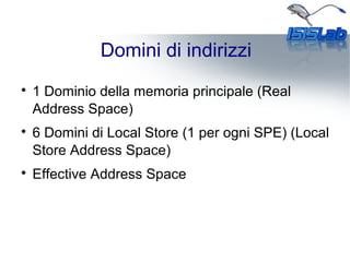 Domini di indirizzi

1 Dominio della memoria principale (Real
Address Space)

6 Domini di Local Store (1 per ogni SPE) (Local
Store Address Space)

Effective Address Space
 