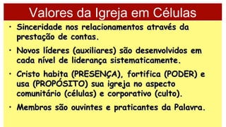 Valores da Igreja em Células
• Sinceridade nos relacionamentos através daSinceridade nos relacionamentos através da
prestação de contas.prestação de contas.
• Novos líderes (auxiliares) são desenvolvidos emNovos líderes (auxiliares) são desenvolvidos em
cada nível de liderança sistematicamente.cada nível de liderança sistematicamente.
• Cristo habita (PRESENÇA), fortifica (PODER) eCristo habita (PRESENÇA), fortifica (PODER) e
usa (PROPÓSITO) sua igreja no aspectousa (PROPÓSITO) sua igreja no aspecto
comunitário (células) e corporativo (culto).comunitário (células) e corporativo (culto).
• Membros são ouvintes e praticantes da Palavra.Membros são ouvintes e praticantes da Palavra.
 