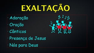 •
AdoraçãoAdoração
•
OraçãoOração
•
CânticosCânticos
•
Presença de JesusPresença de Jesus
•
Nós para DeusNós para Deus
EXALTAÇÃOEXALTAÇÃO
 