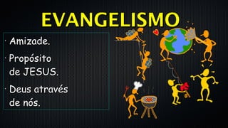 •
Amizade.Amizade.
•
PropósitoPropósito
de JESUS.de JESUS.
•
Deus atravésDeus através
de nós.de nós.
EVANGELISMOEVANGELISMO
 