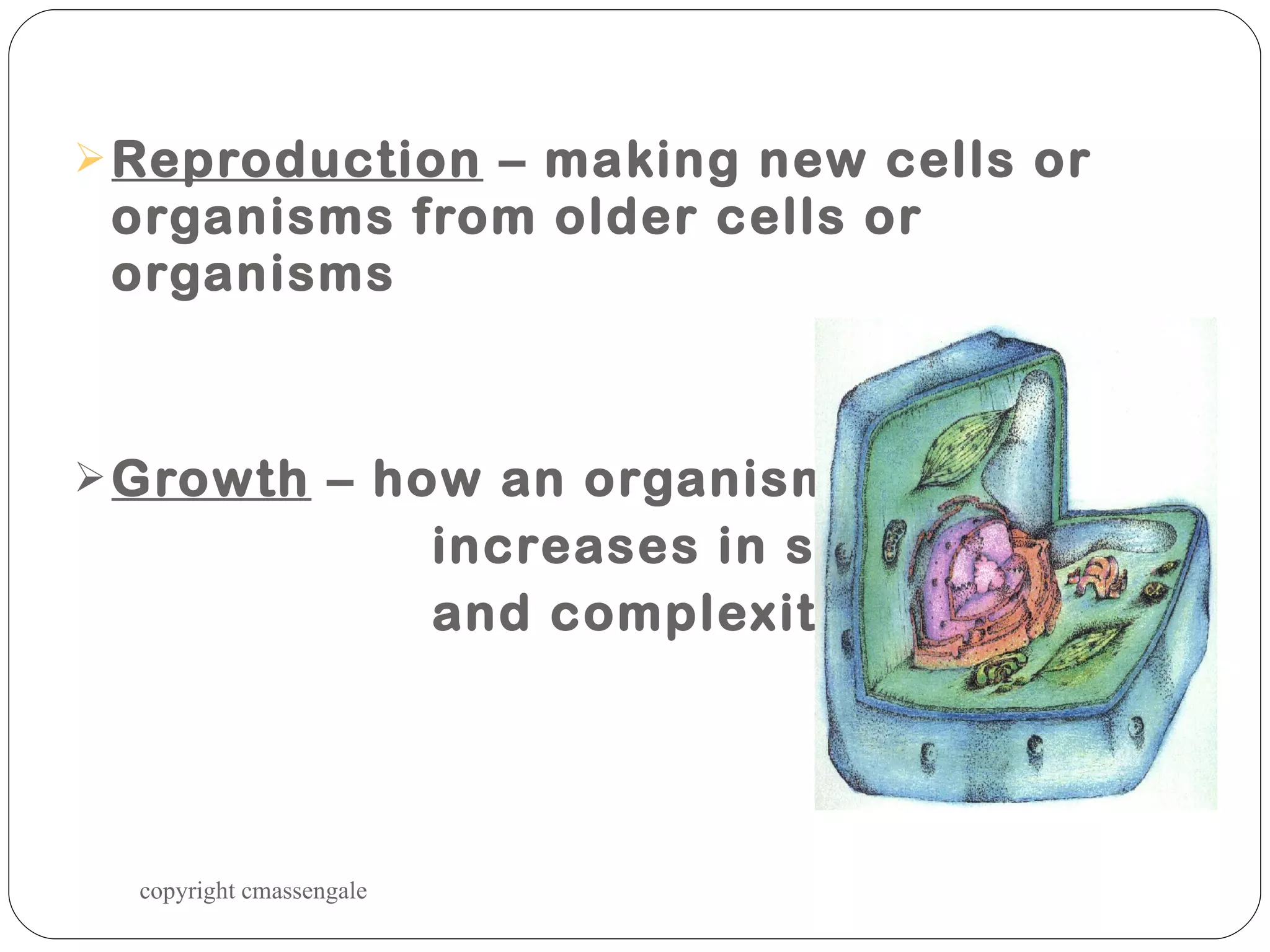 Reproduction  – making new cells or organisms from older cells or organisms Growth  – how an organism increases in size and complexity copyright cmassengale 