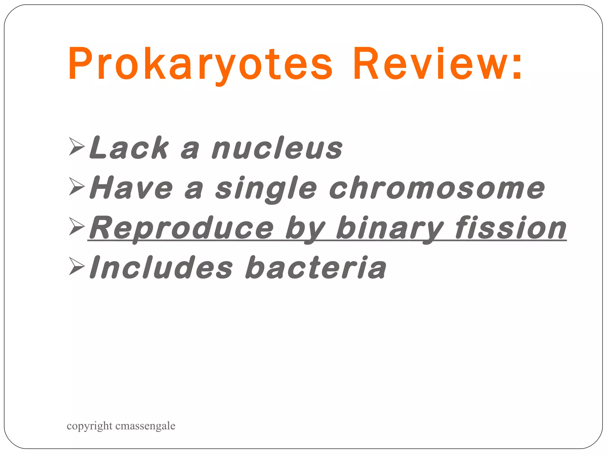 Prokaryotes Review: Lack a nucleus  Have a single chromosome Reproduce by binary fission Includes bacteria copyright cmassengale 