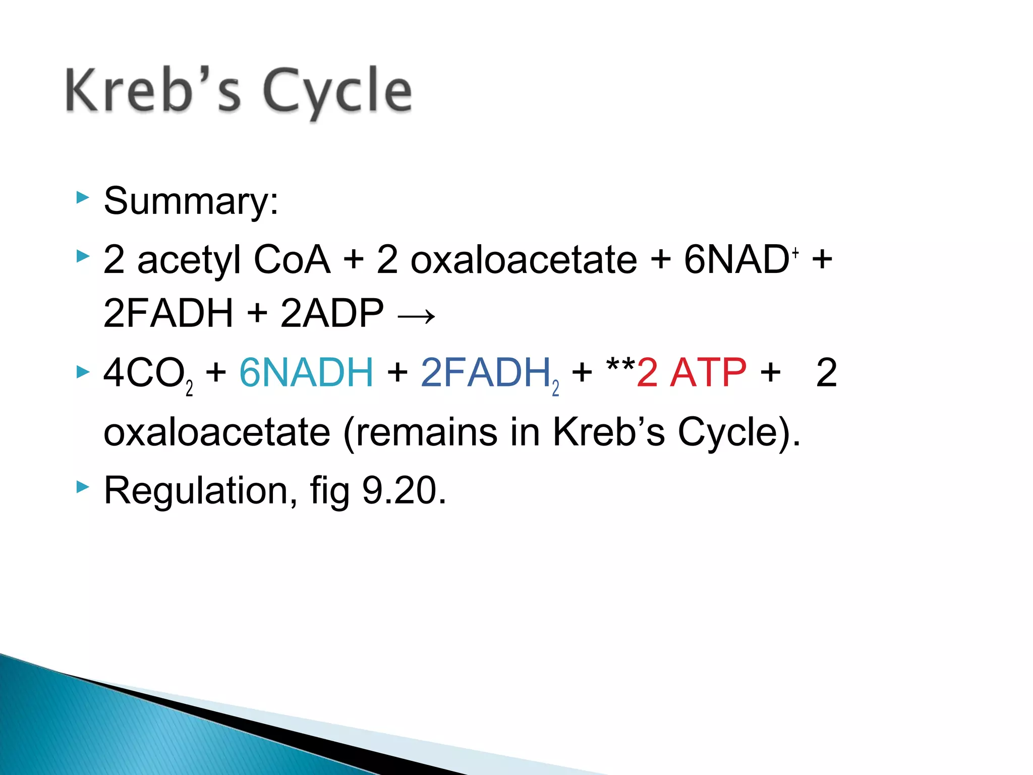  Summary:
 2 acetyl CoA + 2 oxaloacetate + 6NAD+
+
2FADH + 2ADP →
 4CO2 + 6NADH + 2FADH2 + **2 ATP + 2
oxaloacetate (remains in Kreb’s Cycle).
 Regulation, fig 9.20.
 