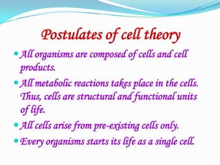 Postulates of cell theoryAll organisms are composed of cells and cell products.All metabolic reactions takes place in the cells. Thus, cells are structural and functional units of life.All cells arise from pre-existing cells only.Every organisms starts its life as a single cell.