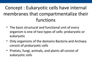Concept : Eukaryotic cells have internal
membranes that compartmentalize their
              functions
 • The basic structural and functional unit of every
   organism is one of two types of cells: prokaryotic or
   eukaryotic
 • Only organisms of the domains Bacteria and Archaea
   consist of prokaryotic cells
 • Protists, fungi, animals, and plants all consist of
   eukaryotic cells
 