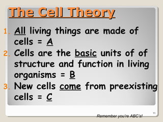 The Cell Theory
1. All living things are made of
   cells = A
2. Cells are the basic units of of
   structure and function in living
   organisms = B
3. New cells come from preexisting
   cells = C
                                              11
                     Remember you’re ABC’s!
 