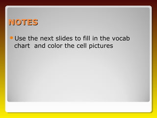 NOTES
Use the next slides to fill in the vocab
 chart and color the cell pictures
 