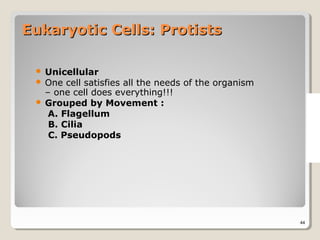 Eukaryotic Cells: Protists

  Unicellular
  One  cell satisfies all the needs of the organism
   – one cell does everything!!!
  Grouped by Movement :
    A. Flagellum
    B. Cilia
    C. Pseudopods




                                                       44
 