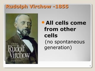 Rudolph Virchow -1855


           All cells come
            from other
            cells
            (no spontaneous
            generation)


                              9
 