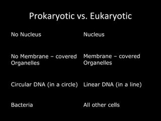 Prokaryotic vs. Eukaryotic
No Nucleus Nucleus
No Membrane – covered
Organelles
Membrane – covered
Organelles
Circular DNA (in a circle) Linear DNA (in a line)
Bacteria All other cells
 