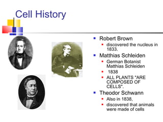 Cell History


Robert Brown




Matthias Schleiden







discovered the nucleus in
1833.
German Botanist
Matthias Schleiden
1838
ALL PLANTS "ARE
COMPOSED OF
CELLS".

Theodor Schwann



Also in 1838,
discovered that animals
were made of cells

 