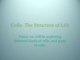 Cells- The Structure of Life

    Today we will be exploring
 different kinds of cells, and parts
              of cells.
 