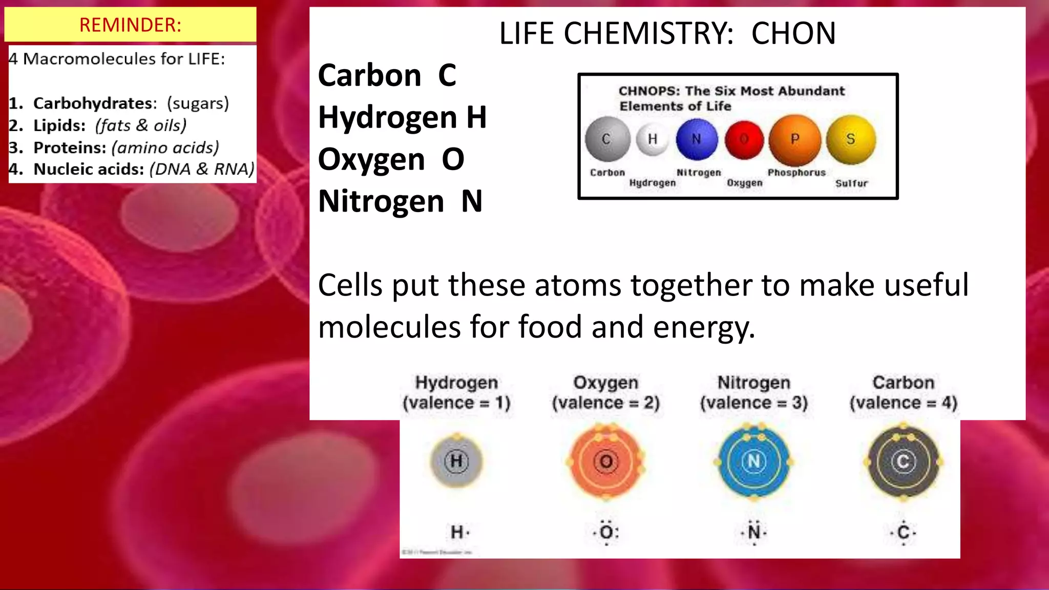 LIFE CHEMISTRY: CHON
Carbon C
Hydrogen H
Oxygen O
Nitrogen N
Cells put these atoms together to make useful
molecules for food and energy.
REMINDER:
 