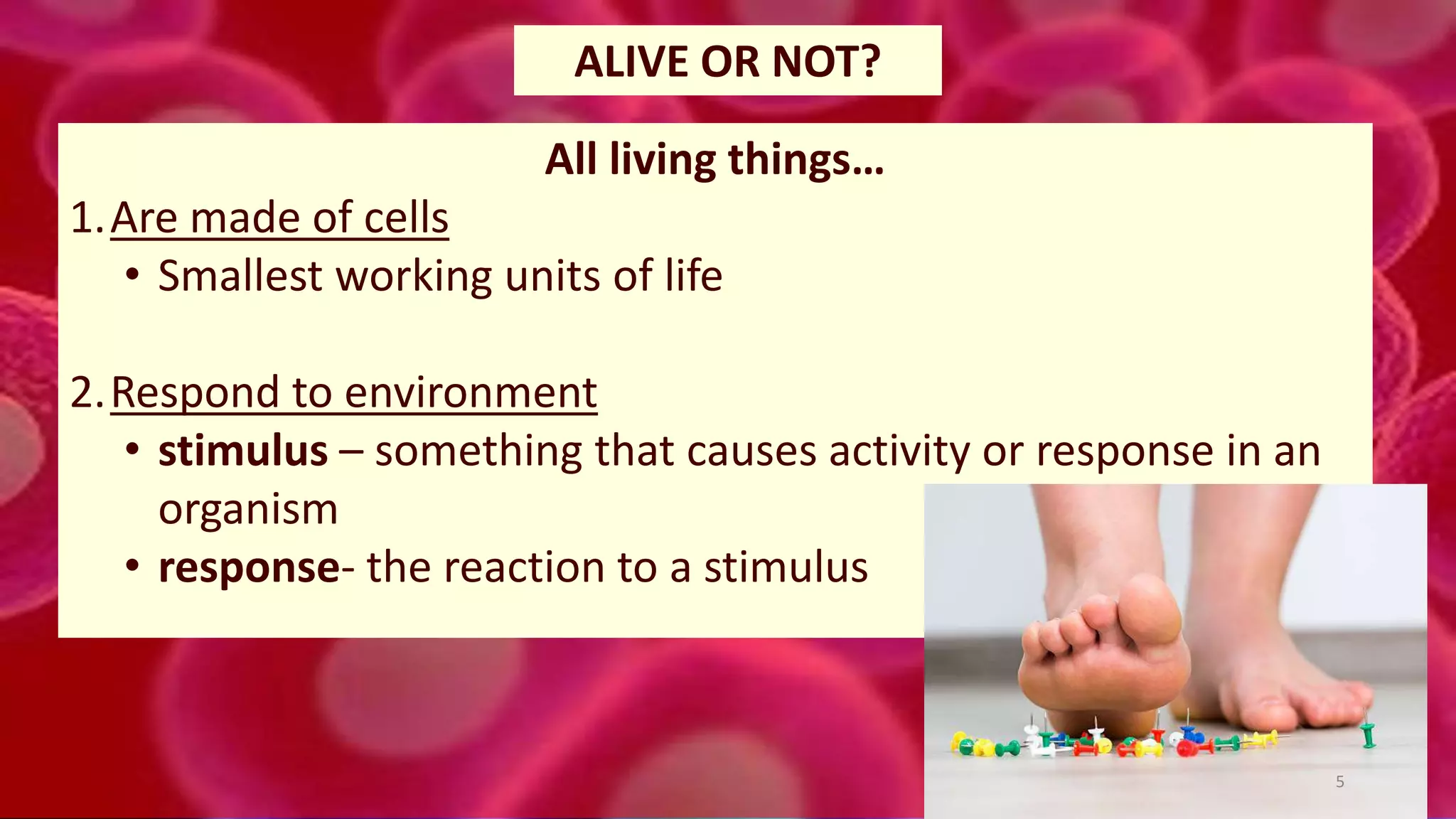 All living things…
1.Are made of cells
• Smallest working units of life
2.Respond to environment
• stimulus – something that causes activity or response in an
organism
• response- the reaction to a stimulus
ALIVE OR NOT?
5
 