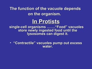 The function of the vacuole depends
on the organism.

In Protists
single-cell organisms …….“Food” vacuoles
store newly ingested food until the
lysosomes can digest it.
• “Contractile” vacuoles pump out excess
water.

 