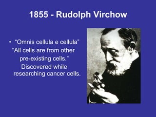 1855 - Rudolph Virchow “ Omnis cellula e cellula” “ All cells are from other  pre-existing cells.” Discovered while researching cancer cells. 