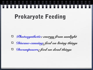 Prokaryote Feeding
Photosynthetic: energy from sunlight
Disease-causing: feed on living things
Decomposers: feed on dead things

 