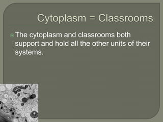 Cytoplasm = ClassroomsThe cytoplasm and classrooms both support and hold all the other units of their systems.  