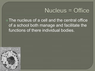 Nucleus = OfficeThe nucleus of a cell and the central office of a school both manage and facilitate the functions of there individual bodies.