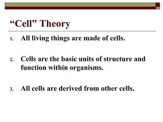 “Cell” Theory
1. All living things are made of cells.
2. Cells are the basic units of structure and
function within organisms.
3. All cells are derived from other cells.
 